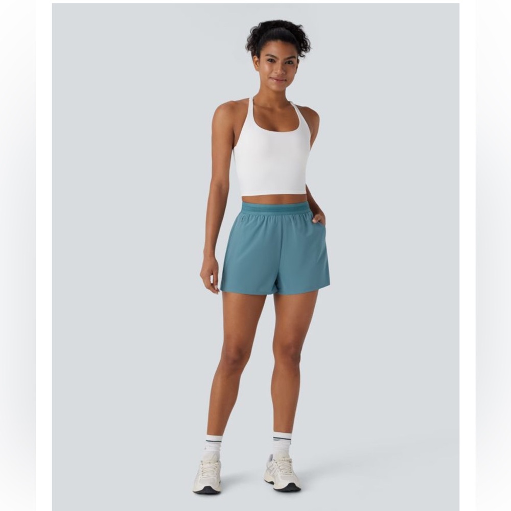 Halara Breezeful™ Mid High Waisted Side Zip Pocket Ruffle Running Shorts MED NWT